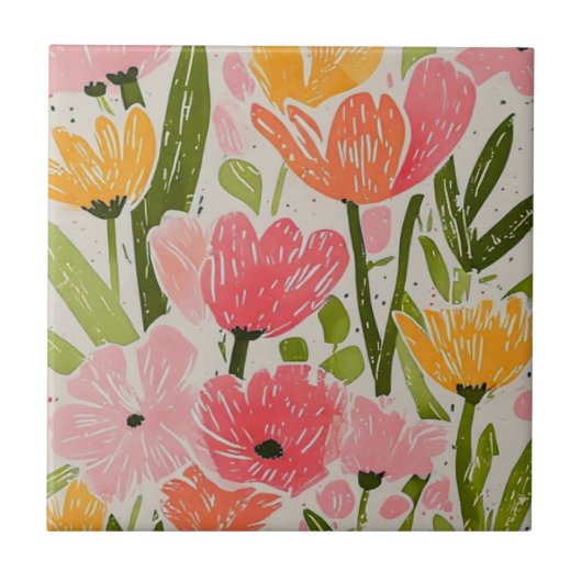 Retro Mid Century Modern Floral Design Tegeltje (Voorkant)