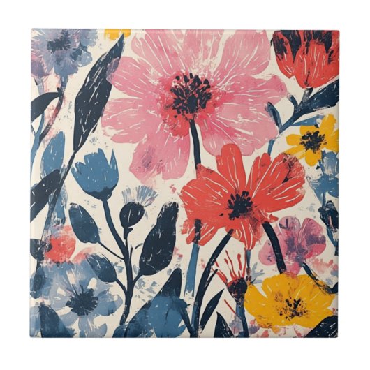 Retro Mid Century Modern Floral Design Tegeltje (Voorkant)