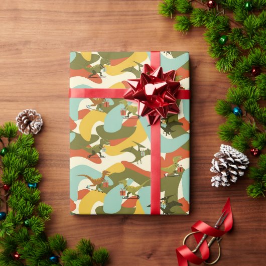 Retro Mid-Century Modern Kerstmis Dinosaurus Cadeaupapier (Feestdagen Geschenken)