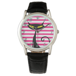 Retro Mid Century Modern MCM Zwart Cat Roze Streep Horloge