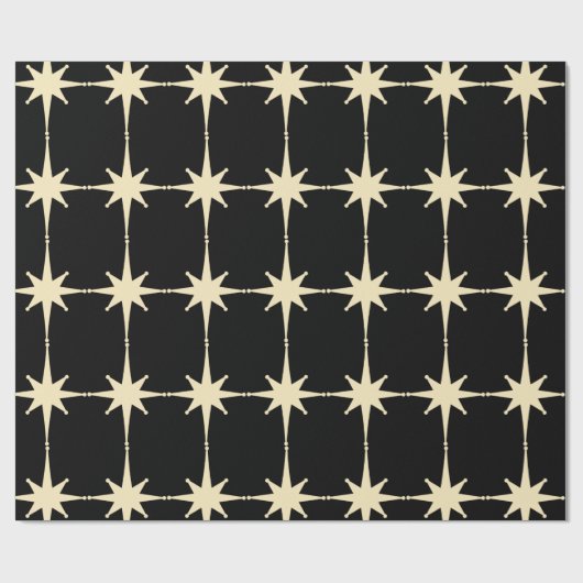 Retro Mid Century Modern Star Pattern Black Cream Cadeaupapier (Vlak)