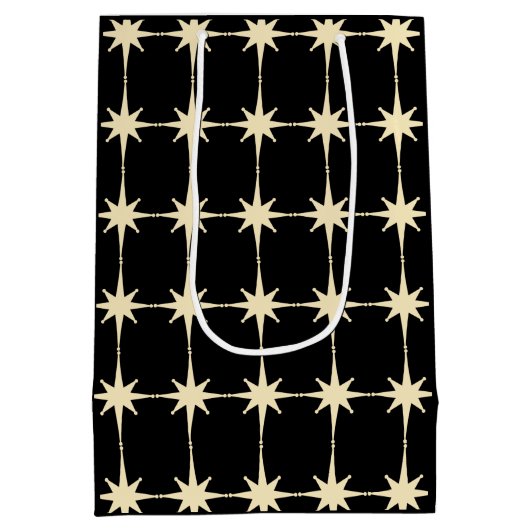 Retro Mid Century Modern Star Pattern Black Cream Medium Cadeauzakje (Achterkant)