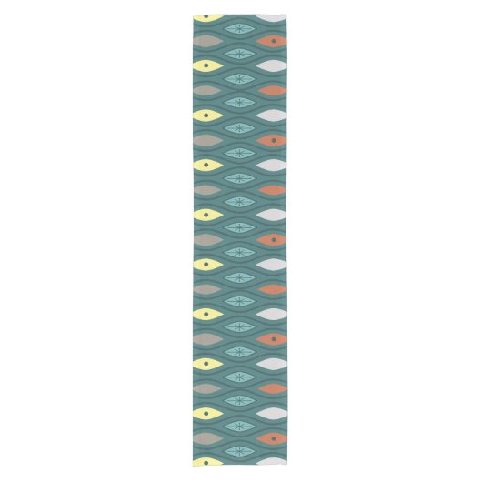 Retro Mid Century Modern Wavy Lines Blauwgroen Korte Tafelloper (Voorkant)