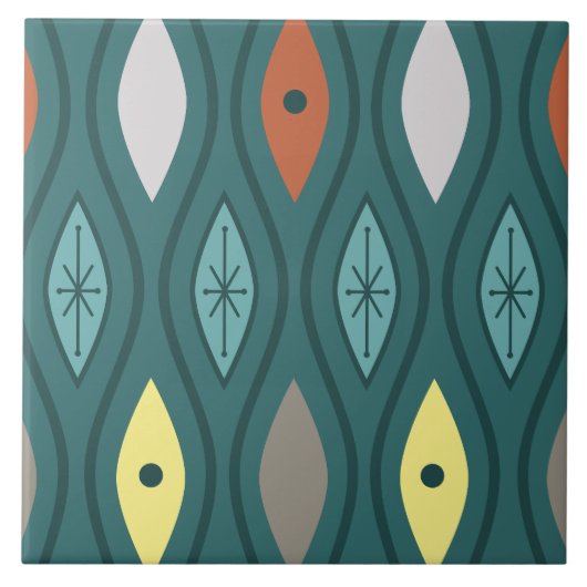 Retro Mid Century Modern Wavy Lines Blauwgroen Tegeltje (Voorkant)