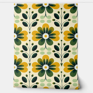 Retro Mid Century Moderne Bloemen Geel Groen 70's Behang
