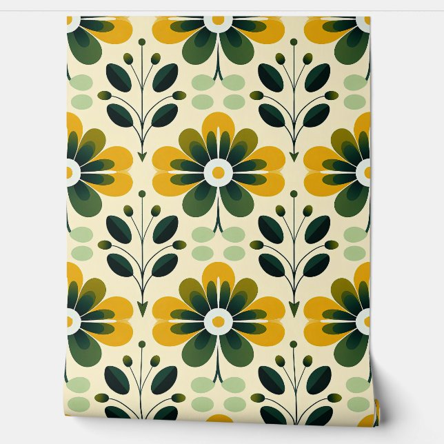 Retro Mid Century Moderne Bloemen Geel Groen 70's Behang (Afrollen)