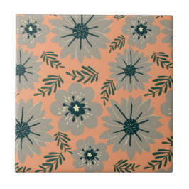 Retro  Mid Century Moderne Grijze Perzik Bloem Tegeltje