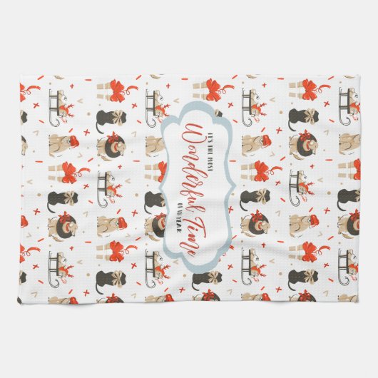 Retro Mid-Century Moderne Kerstfeestdag Theedoek (Horizontaal)