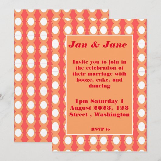 Retro Mid Century Oranje & Roze bruiloft Uitnodigi Kaart (Voorkant / Achterkant)