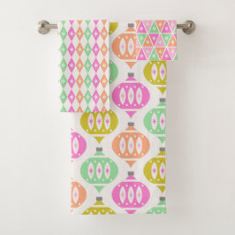 Retro Mid Century Ornamenten Peach Green Christmas Bad Handdoek