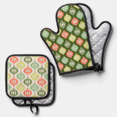 Retro Mid Century Red & Olive Green Kerstmis Ovenwant & Pannenlap Set (Voorkant / Achterkant)