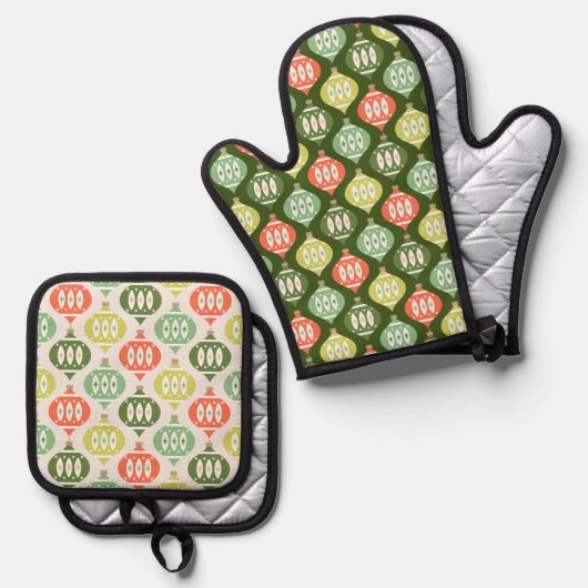 Retro Mid Century Red & Olive Green Kerstmis Ovenwant & Pannenlap Set (Voorkant / Achterkant)