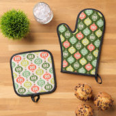 Retro Mid Century Red & Olive Green Kerstmis Ovenwant & Pannenlap Set (Top down)