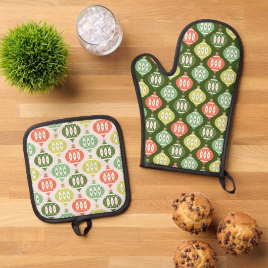 Retro Mid Century Red & Olive Green Kerstmis Ovenwant & Pannenlap Set (Top down)