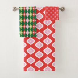 Retro Mid Century Rode, Roze & Groene Kerstmis Bad Handdoek