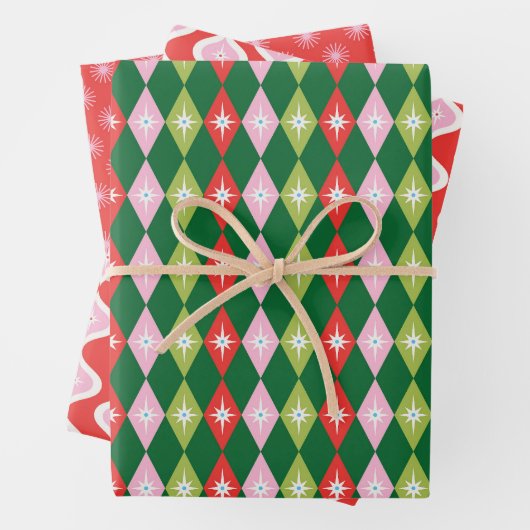 Retro Mid Century Rode, Roze & Groene Kerstmis Inpakpapier Vel (In situ)