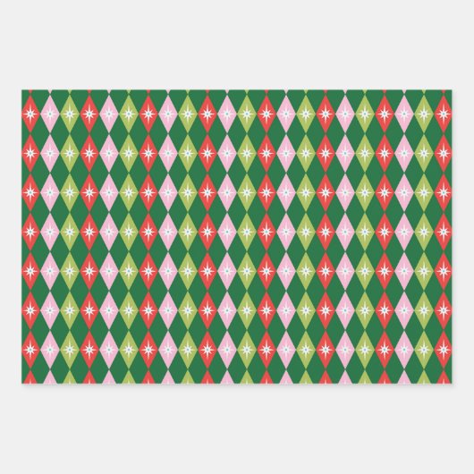 Retro Mid Century Rode, Roze & Groene Kerstmis Inpakpapier Vel (Voorkant)