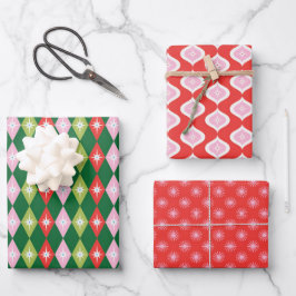 Retro Mid Century Rode, Roze & Groene Kerstmis Inpakpapier Vel