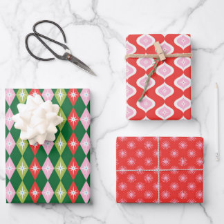 Retro Mid Century Rode, Roze & Groene Kerstmis Inpakpapier Vel