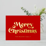 Retro Mid Century Rode vrolijke kerst Folie Feestdagenkaart<br><div class="desc">Vrolijk kerstkaartje: een retro design,  met een mid-eeuwse typografie in gouden folie en een klassieke rode achtergrond.</div>