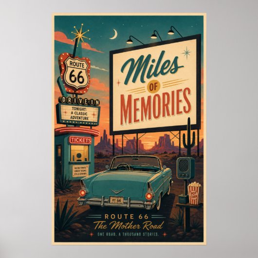 Retro Mid Century Route 66 Drive In Poster (Voorkant)