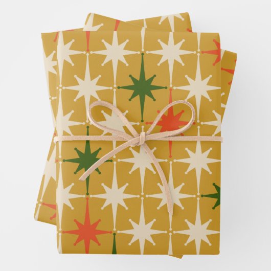 Retro  Mid-Century Star Patronen Ochre Inpakpapier Vel (In situ)
