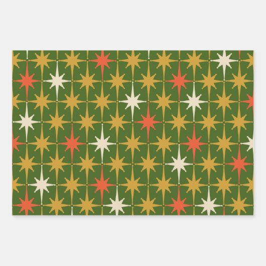 Retro Mid-Century Star Pattern Green Ochre Inpakpapier Vel (Voorkant 2)