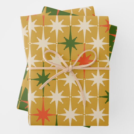 Retro Mid-Century Star Pattern Green Ochre Inpakpapier Vel (In situ)