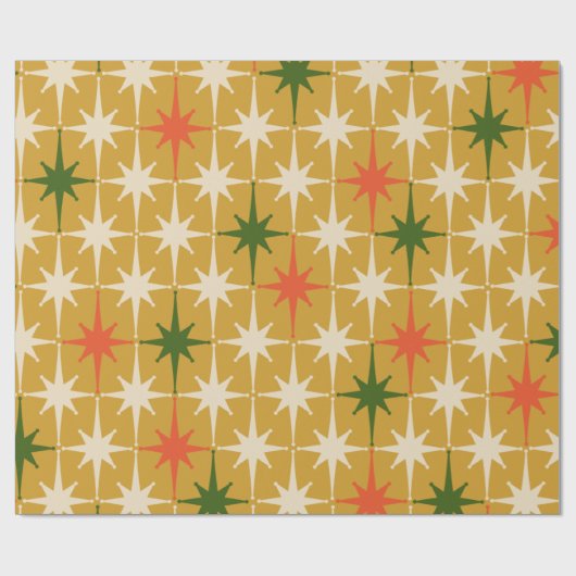 Retro  Mid-Century Star Pattern Ochre Green Cadeaupapier (Vlak)