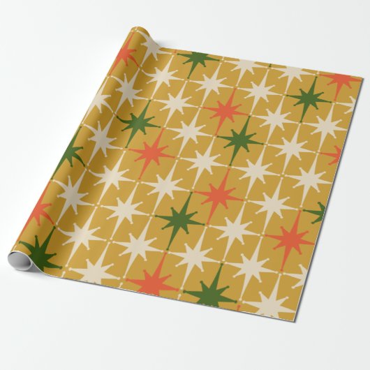 Retro  Mid-Century Star Pattern Ochre Green Cadeaupapier (Uitgerold)