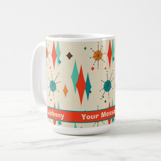 Retro Mid Century Starburst Diamant gepersonalisee Koffiemok (Voorkant links)