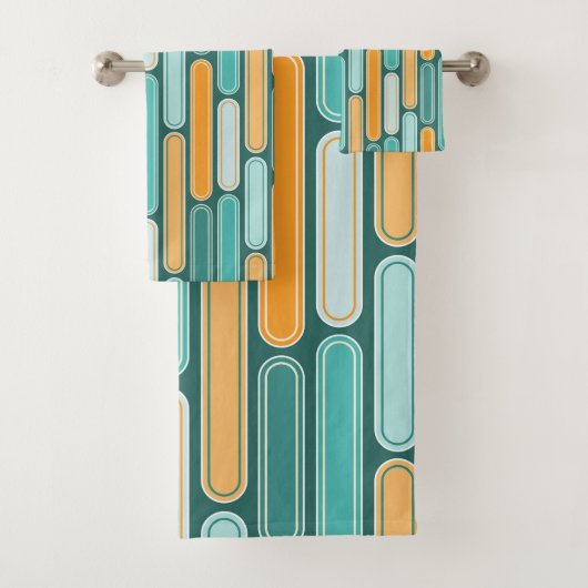 Retro Mid Century Stripes Aqua, Blauwgroen, Sinaas Bad Handdoek (Insitu)
