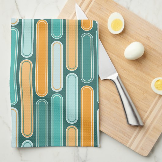 Retro Mid Century Stripes Aqua, Blauwgroen, Sinaas Theedoek (Quarter Fold)