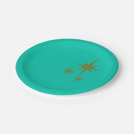Retro Mid-eeuwse Modern Starburst Trio Blauwgroen Papieren Bordje (Gekanteld)