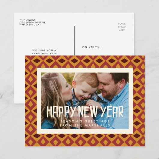 Retro mid-eeuwse patroon Happy New Year foto Briefkaart (Voorkant / Achterkant)