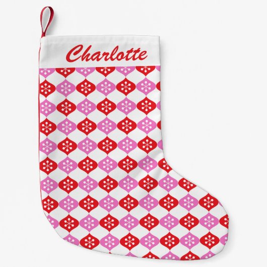Retro Mid Mod Atomic Pattern Roze Rood Gepersonali Kleine Kerstsok (Voorkant)