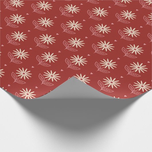 Retro Mid Mod Floral Pattern White Daisies on Red  Cadeaupapier (Hoek)