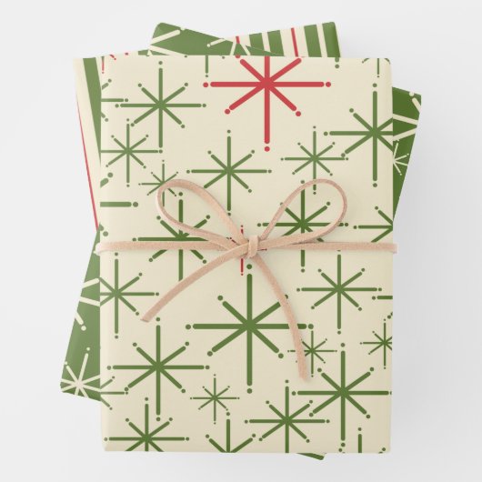 Retro Mid Mod Kerstmis Olive Red Cream Inpakpapier Vel (In situ)