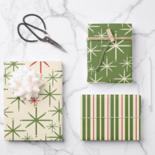 Retro Mid Mod Kerstmis Olive Red Cream Inpakpapier Vel
