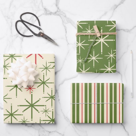 Retro Mid Mod Kerstmis Olive Red Cream Inpakpapier Vel (Voorkant)