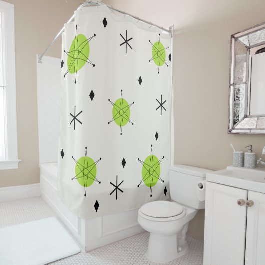 Retro Mid Mod Starburst Sky Chartreuse Douchegordijn (In situ)