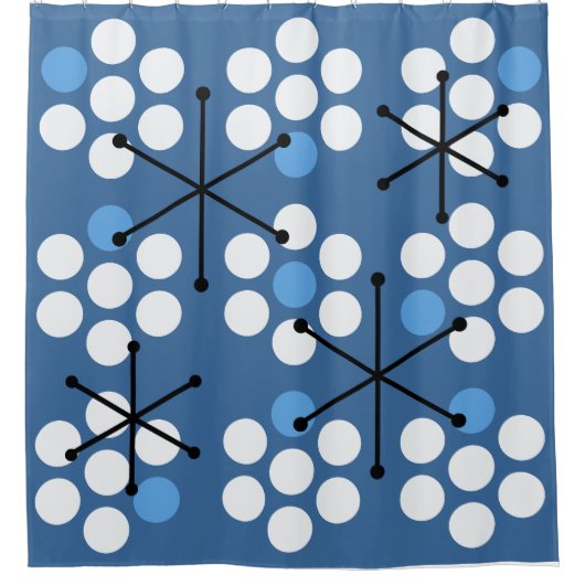 Retro Midcentury MCM Stippen Blauw Douchegordijn (Voorkant)