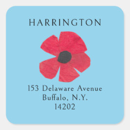 Retro Midcentury Red Poppy Sky Blue Retouradres Vierkante Sticker