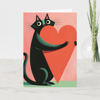 Retro Midcentury Zwarte Kat Hart Valentijn Kaart
