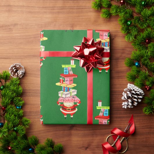 Retro Middeleeuwse kerstkerstman met cadeaus Cadeaupapier (Feestdagen Geschenken)