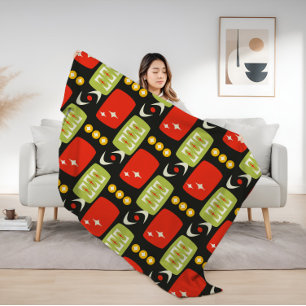Retro Midden Eeuw Atoom Zwart Rood Groen Patroon Sherpa Deken