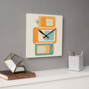 Retro Midden Eeuw Geometrisch Abstract Teal Oranje Vierkante Klok