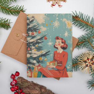 Retro Midden-Eeuw Illustratie Kerstmis Vintage Feestdagenkaart