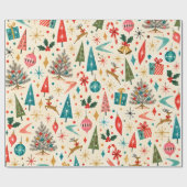 Retro Midden Eeuw Kerstmis Cadeaupapier (Vlak)