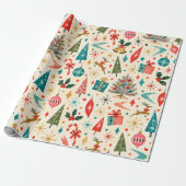 Retro Midden Eeuw Kerstmis Cadeaupapier (Uitgerold)